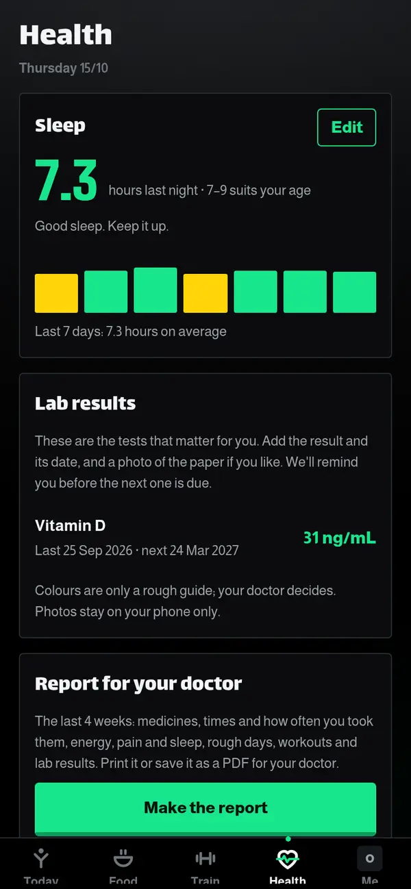 Health page: sleep hours over the week, lab results and the doctor report