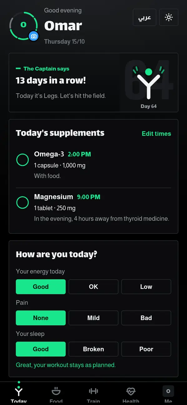 Today page: a line about the day, today's supplements, the energy, pain and sleep check and the streaks