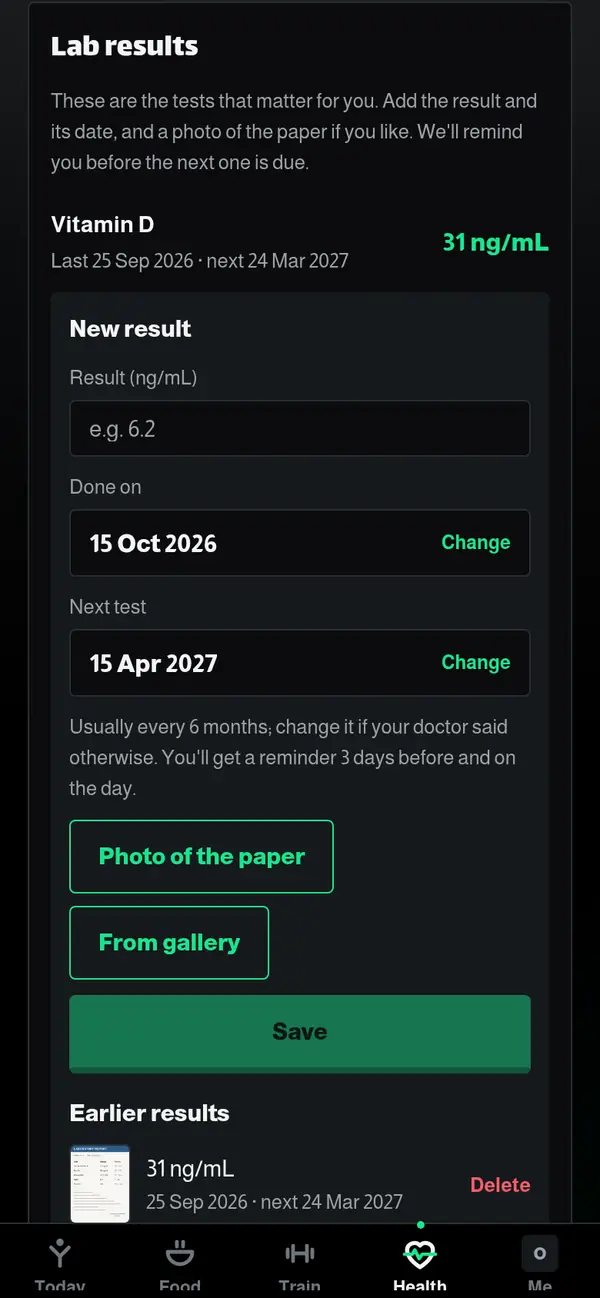 Lab results screen: a vitamin D result, its date, the next test date and photos of the papers
