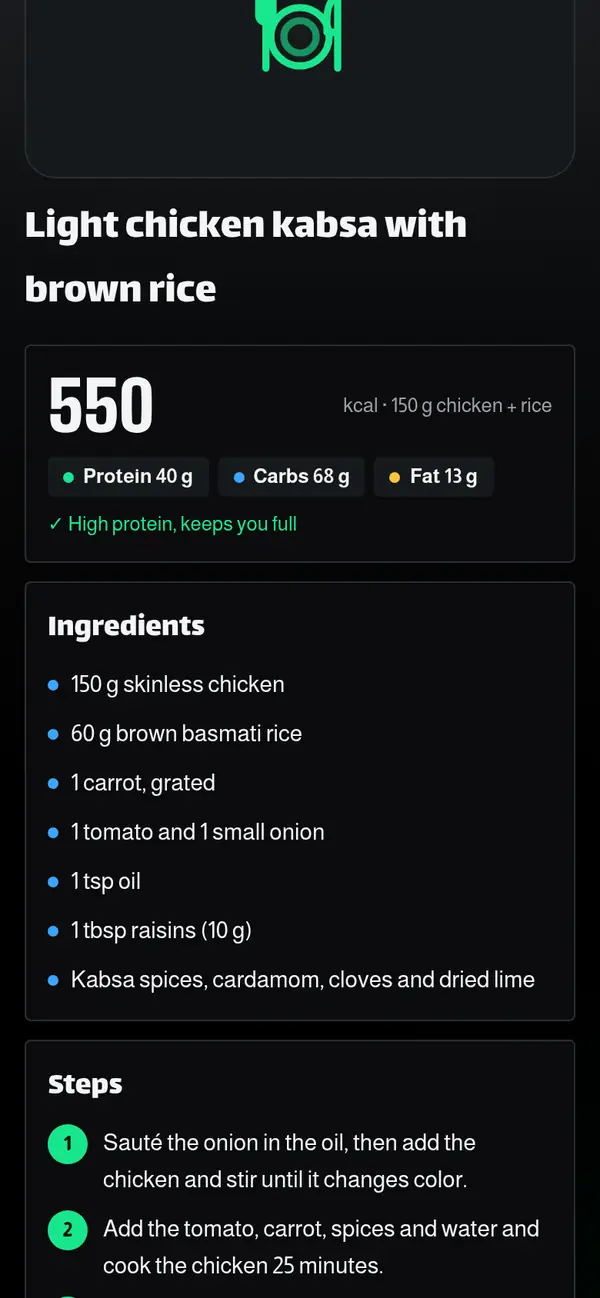 Light chicken kabsa recipe: calories, protein and ingredients