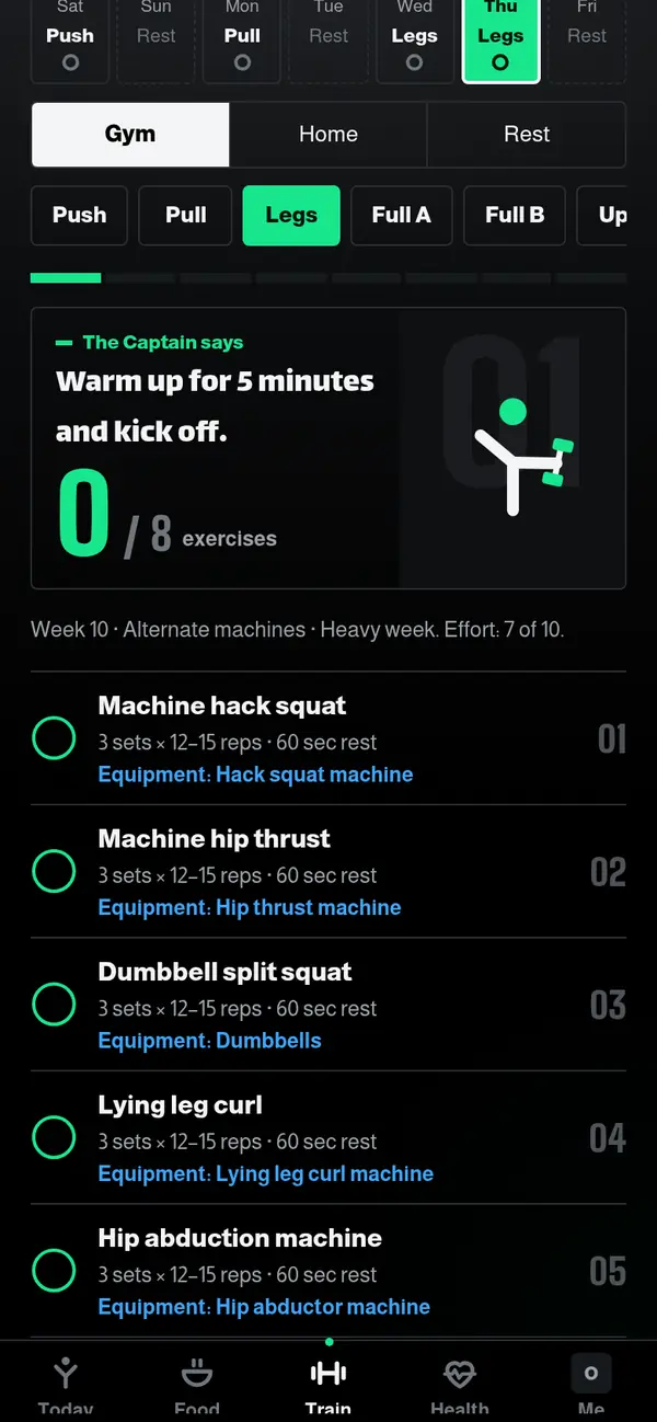 Training screen: a legs day with eight exercises, sets and reps
